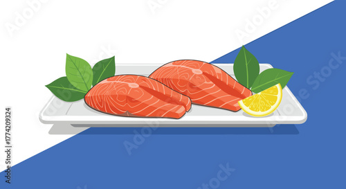Fresh and healthy raw salmon fillets artfully arranged on a white serving plate, accompanied by a zesty lemon slice and vibrant green leaves.