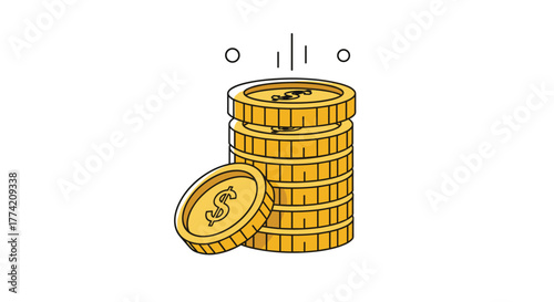 Gold dollar coins stacked high with one coin leaning against them, an illustration of savings, wealth, and financial stability.