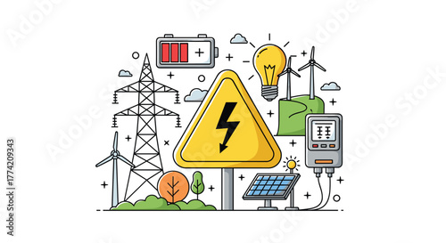 An illustration of electricity generation, transmission, and sustainable energy, showcasing wind, solar, and a power grid.