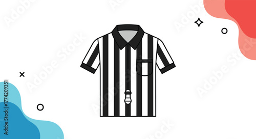An illustration of a classic black and white striped referee shirt with a whistle hanging from the collar, set against a white background with abstract shapes.