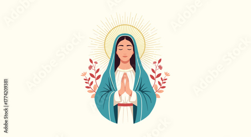 A serene illustration of the Virgin Mary in prayer, featuring a radiant halo and blooming floral arrangements.