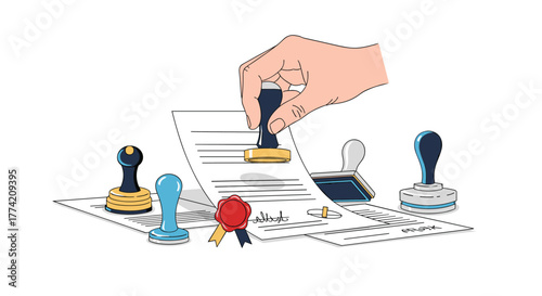 Hand stamping an official document with a rubber stamp, surrounded by various other stamps and a wax seal, symbolizing approval and legal certification.