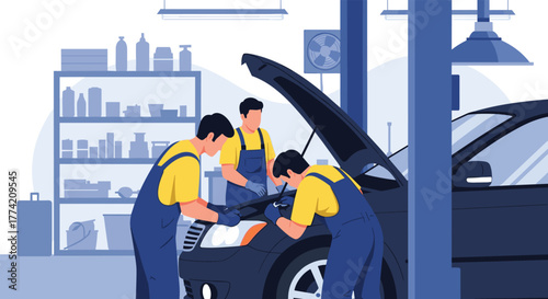 Three professional auto mechanics in blue and yellow uniforms are working together on a car's open engine in a modern, well-equipped repair garage.