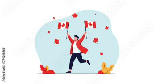 An enthusiastic individual joyfully runs, proudly waving two Canadian flags under a shower of vibrant red maple leaves, embodying national celebration and patriotism.