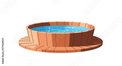 A cartoon illustration of a traditional wooden hot tub or Japanese onsen bath filled with glistening blue water, isolated on a white background.