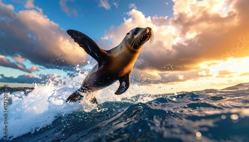 Fototapeta Naklejka Na Ścianę i Meble -  Majestic sea lion breaching ocean waves at dusk under dramatic sky, splash