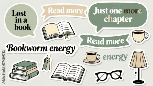 Cozy Reading Stickers: Books, Coffee, Bookworm Energy