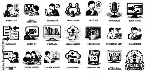 オンライン授業アイコンセット （学習支援とデジタル学習）