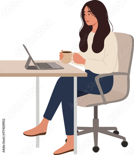 Businesswoman sitting at desk with laptop and coffee cup