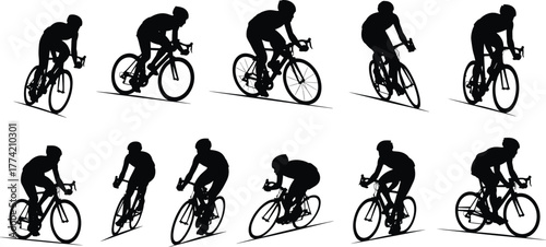 Cyclist Silhouette Vector Set of Road Bike Riders in Motion, Dynamic Poses, Racing Style, Sport Activity for Stock Illustration Use