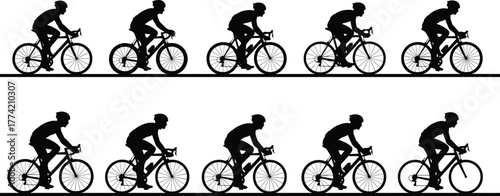 Cyclist Silhouette Sequence Showing Bicycle Motion and Pedaling Postures, Vector Illustration for Animation, Sport Study, Stock Content and Education Use