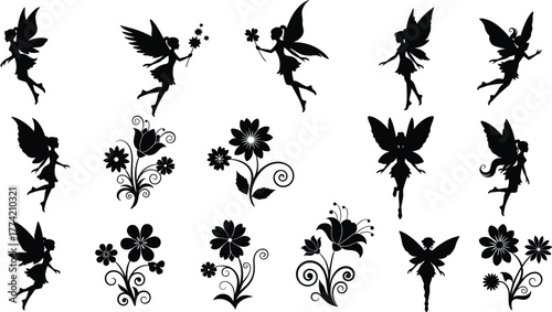 Fairy Silhouette Vector Set with Magical Winged Figures and Decorative Floral Elements for Fantasy, Scrapbooking, and Stock Illustration Use