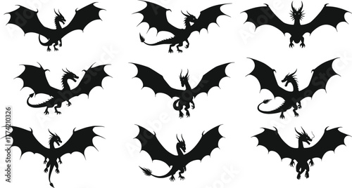 Dragon silhouette set with epic creature poses, wings spread, mythical monster, fantasy beast vector illustration for legend and mythological themes