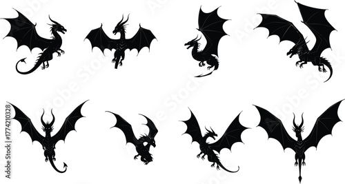Fantasy dragon silhouettes in dynamic flying, roaring, and attacking poses with wings, horns, and tails for mythical creature vector illustration.