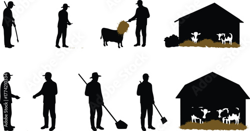 Farm and goat care silhouettes with barn, farmers, hay, feeding goats, shovel, rural agriculture activity vector icons for design use