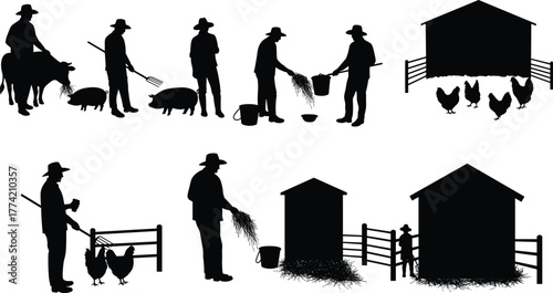 Farmers feeding animals in rural barnyard scenes, silhouette vector set with livestock care, traditional agriculture, cow, pig, chicken icons
