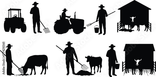 Farmers working with tractor and livestock in barnyard scenes, silhouette vector set of rural agriculture, cow care, field tools