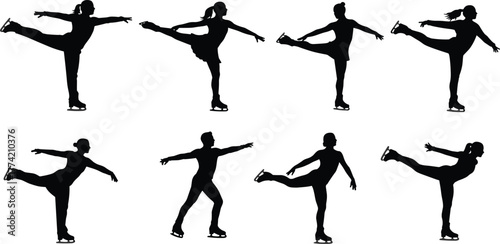 Figure skating silhouette vector set with elegant poses, ice skaters performing graceful movements for winter sports, dance, and fitness themes