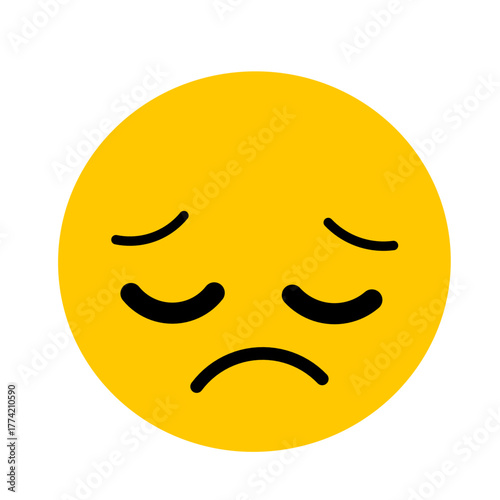 Sad emoji. Pensive, remorseful face,saddened by life. Yellow face with sad, closed eyes, furrowed eyebrows.Unhappy emoticon.