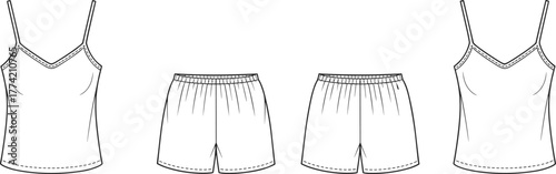 Women’s camisole and shorts sleepwear illustration, loungewear fashion flat sketch, apparel design template, garment construction drawing, clothing pattern outline, vector technical sketch