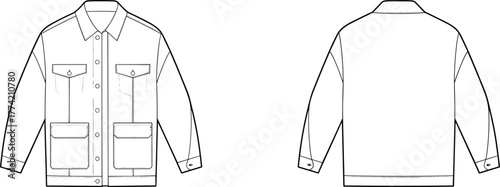 Utility jacket flat sketch, button down fashion illustration, chest pocket apparel design template, garment construction drawing, clothing pattern outline, vector technical design