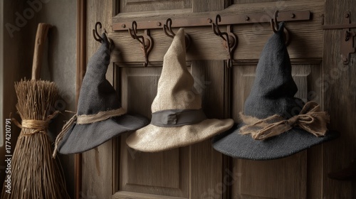 Wallpaper Mural Three witch hats made of textured burlap with ribbon details hang on a wooden wall beside a broom, symbolizing Halloween tradition, mystery, and seasonal decor. The warm vintage style reflects magic Torontodigital.ca