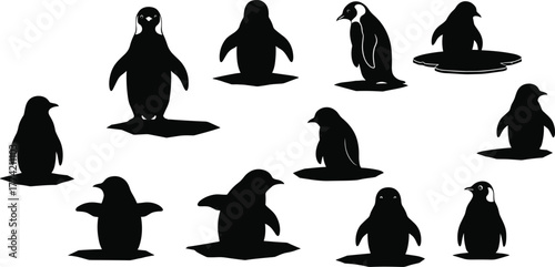 Penguin silhouettes in various poses including standing, sitting, and lying down with ice and water elements for vector illustration design.