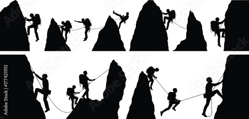 Rock climber silhouettes on steep cliffs in dynamic poses with ropes, helmets, and harnesses for extreme sport vector illustration design.