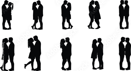 Romantic Couple Silhouette Collection Featuring Kissing, Hugging, and Intimate Poses for Love, Relationship, and Valentine-Themed Vector Design Use