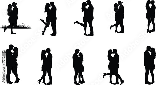 Romantic Couple Silhouette Set Featuring Kissing Poses, Intimate Embraces, Outdoor Scene, and Emotional Connection for Love-Themed Vector Illustration Use