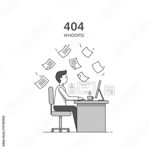 Grayscale illustration of a person at a desk with flying papers and a "404 Whoops!" message, signifying a missing web page.