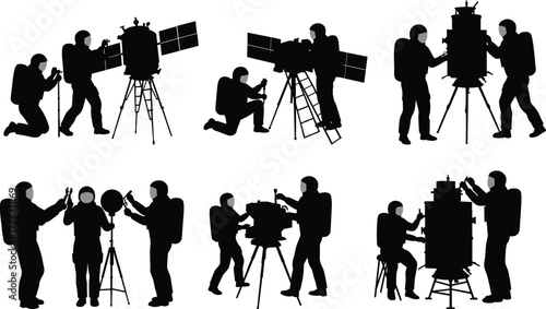 Satellite inspection silhouette vector set with engineers and astronauts, space technology illustration for aerospace, maintenance, teamwork, science, and research themes