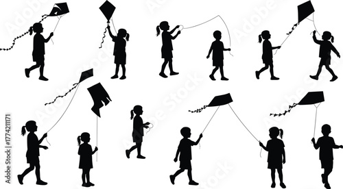 Silhouette children flying kites in outdoor park, playful kids running with kites, childhood activity, spring breeze, happy family moment