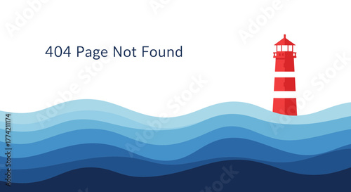 Flat design illustration of a lighthouse over blue waves with "404 Page Not Found" text, conveying a lost destination.