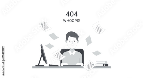 Grayscale illustration of a man sitting at a computer desk with papers flying around and a "404 Whoops!" message.