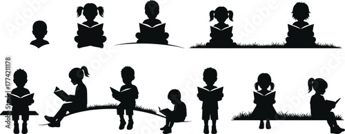 Silhouette children reading books in various seated poses, promoting literacy, education, school learning, and imagination in outdoor settings.