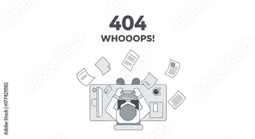 Top-down view of a person at a desk with flying documents and "404 Whoooops!" message, symbolizing a page not found error.