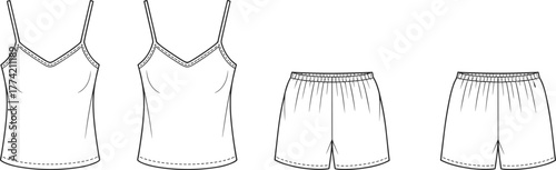 Women’s camisole and shorts sleepwear illustration, lace trim loungewear flat sketch, apparel design template, garment construction drawing, clothing pattern outline, vector technical sketch