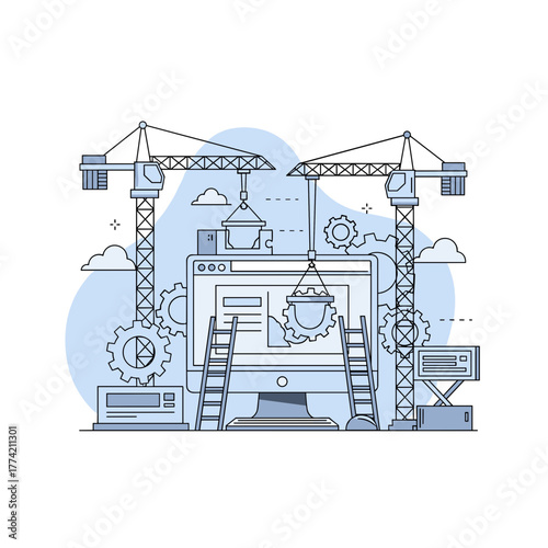 Website Under Construction on Monitor with Cranes, Development and Maintenance Concept