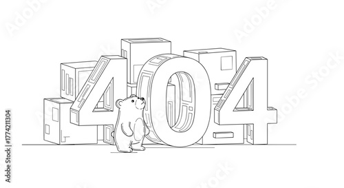 Cute Bear and 404 Page Not Found Error Composed of Stacked Blocks Line Art Illustration