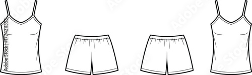 Women’s camisole and shorts sleepwear illustration, loungewear fashion flat sketch, apparel design template, garment construction drawing, clothing pattern outline, vector technical sketch