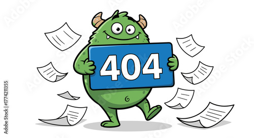 Green Monster Character Holding 404 Error Sign with Papers Swirling Around Illustration