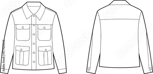 Utility jacket flat sketch, button down fashion illustration, flap pocket apparel design template, garment construction drawing, clothing pattern outline, vector technical sketch