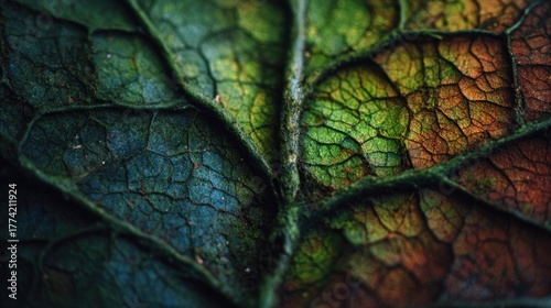 A close-up view of a colorful leaf showcasing intricate veins and a vibrant blend of green, blue, and brown hues.
