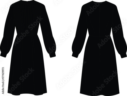 Black dress flat sketch, technical fashion drawing, apparel design template, front and back view, puff sleeves, fitted bodice, flared skirt illustration