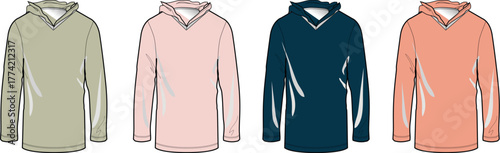 A versatile collection of casual long-sleeved tops and hooded sweatshirts in a spectrum of vibrant colors, showcasing various necklines and comfortable designs for everyday wear and style versatility