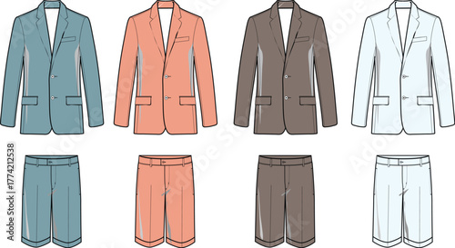 Fashionable men's suits and shorts collection, showcasing diverse styles and colors for contemporary wardrobes