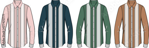 Four vertically striped long-sleeved collared shirts in different color combinations laid out side by side