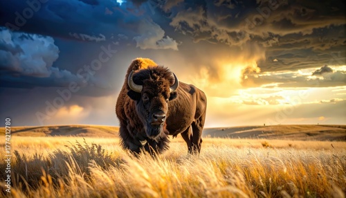 Majestic bison silhouetted against a prairie sunset under stormy sky
