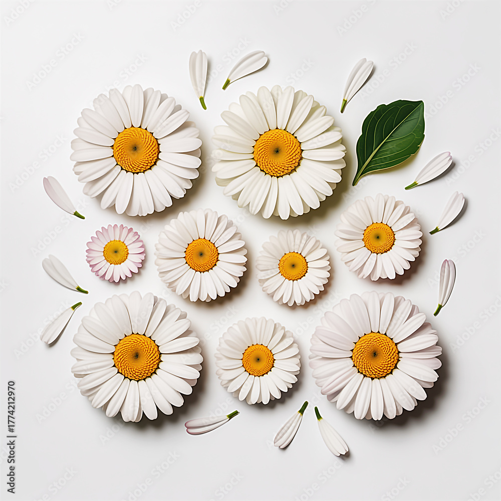 Obraz premium Beautiful flat lay of fresh white daisy flowers, delicate petals, and a vibrant green leaf on a clean, bright background, capturing natural purity and spring serenity
